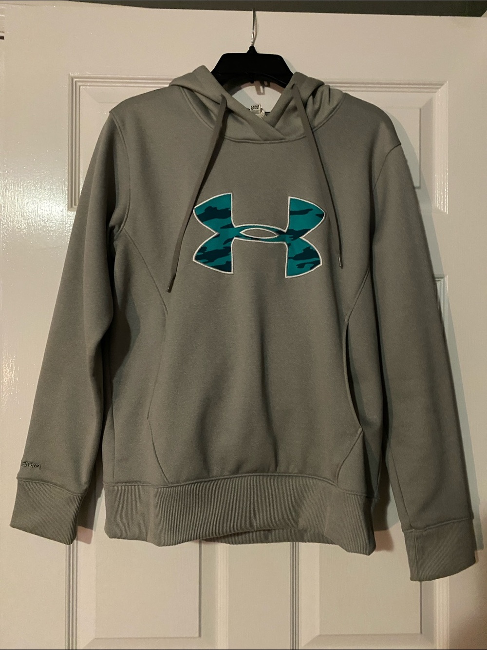 Under Armour Gray Hoodie with Teal Camouflage Logo Accent